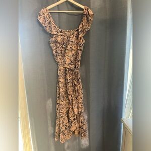 Light Pink Midi Wrap Dress with Black Pattern